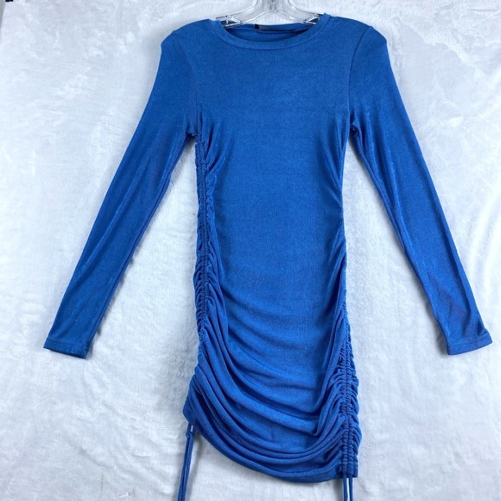 Lioness Mini Bodocon Dress Sz S Blue Long Sleeve Ruched Slinky NYE Party Shopbop - Picture 2 of 9